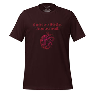 unisex oxblood red t-shirt, with image design: red half brain, half heart. Image phrase: Red text - Change your thoughts, change your world. Front view.