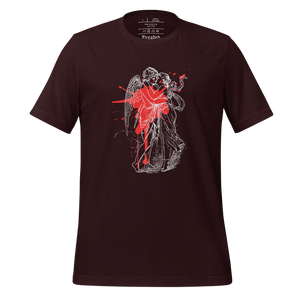 unisex oxblood black t-shirt, with image design of an angel kissing a woman, with a red paint splat seen through their outlines. Front view.