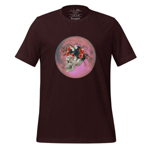 unisex oxblood black t-shirt, with image design: side profile of a skull wearing a crown/hat of black roses, red poppies, thorny vines, and white butterflies, with a pink-red moon behind it. Front View.