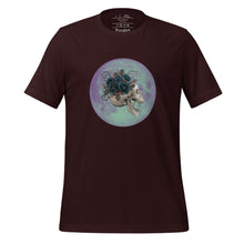 Load image into Gallery viewer, unisex oxblood black t-shirt, with image design: side profile of a skull wearing a crown/hat of black roses, red berries, thorny vines and leaves, with a blue-purple moon behind it. Front View.
