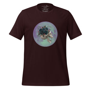 unisex oxblood black t-shirt, with image design: side profile of a skull wearing a crown/hat of black roses, red berries, thorny vines and leaves, with a blue-purple moon behind it. Front View.