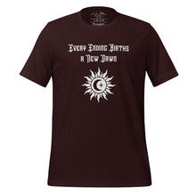 Load image into Gallery viewer, unisex oxblood black t-shirt, with image phrase &quot;Every Ending Births a New Dawn, with image graphic of a tribal sun, with a crescent moon and star within the sun.
