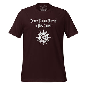 unisex oxblood black t-shirt, with image phrase "Every Ending Births a New Dawn, with image graphic of a tribal sun, with a crescent moon and star within the sun.