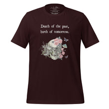 Load image into Gallery viewer, unisex oxblood black t-shirt with image design of a skull with plants, mushrooms, roses, and flowers growing out of it, with white butterflies, and image phrase &quot;Death of the Past, Birth of Tomorrow.&quot; Front view.
