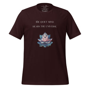 unisex oxblood black t-shirt, with image phrase: "The quiet mind hears the Universe." Image of watercolor pink and blue lotus flower floating on water.