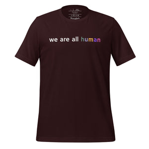 women's oxblood black t-shirt with image phrase: "we are all human."