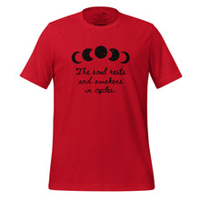 Load image into Gallery viewer, unisex red t-shirt, with image of black celestial moon phases, with star cut outs, and image phrase &quot;The soul rests and awakens in cycles.&quot; Front view.
