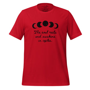 unisex red t-shirt, with image of black celestial moon phases, with star cut outs, and image phrase "The soul rests and awakens in cycles." Front view.