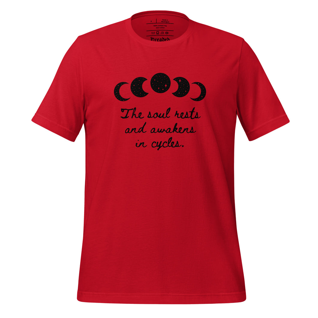 unisex red t-shirt, with image of black celestial moon phases, with star cut outs, and image phrase 