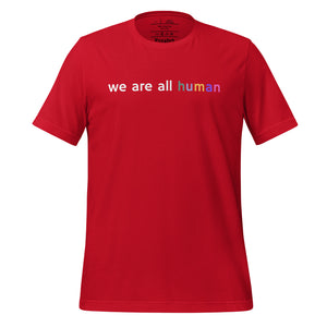 women's red t-shirt with image phrase: "we are all human."