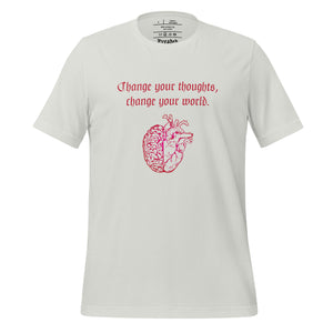 unisex silver t-shirt, with image design: red half brain, half heart. Image phrase: Red text - Change your thoughts, change your world. Front view.