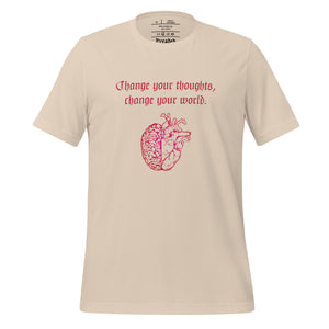 unisex soft cream t-shirt, with image design: red half brain, half heart. Image phrase: Red text - Change your thoughts, change your world. Front view.