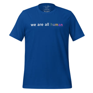 women's true royal blue t-shirt with image phrase: "we are all human."