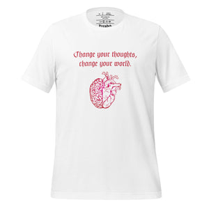 unisex white t-shirt, with image design: red half brain, half heart. Image phrase: Red text - Change your thoughts, change your world. Front view.