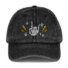 Load image into Gallery viewer, vintage denim cap black, with image design of rock on skeleton hand, pentagram stars, lightning symbols. 
