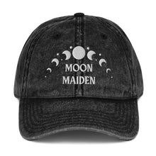 Load image into Gallery viewer, vintage denim cap black, with image phrase: &quot;Moon Maiden.&quot; with moon phases. Front view.
