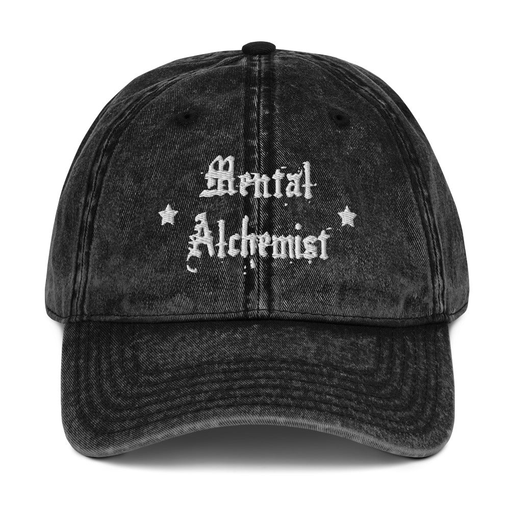vintage denim cap black, with image phrase: "Mental Alchemist." Front view.