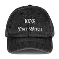 vintage denim cap black, with image phrase: "100% That Witch." Front view.