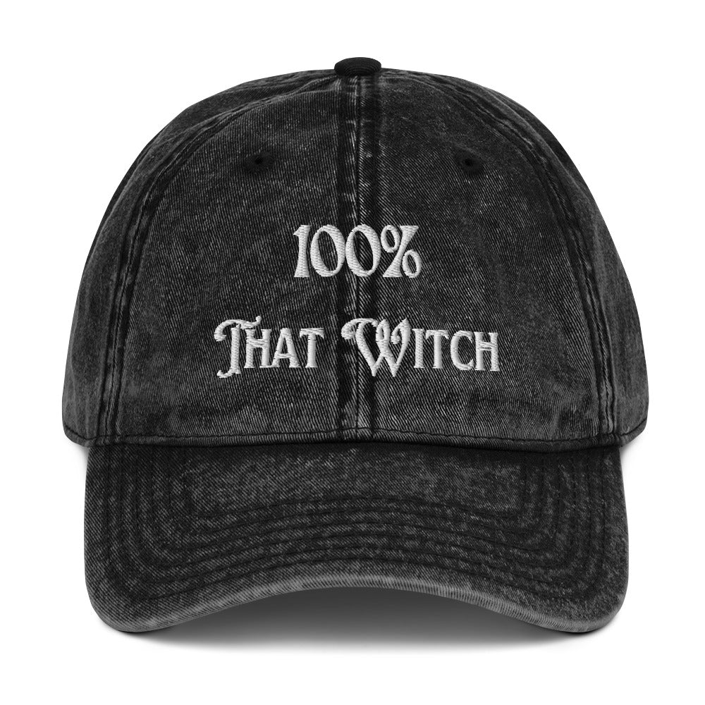 vintage denim cap black, with image phrase: "100% That Witch." Front view.