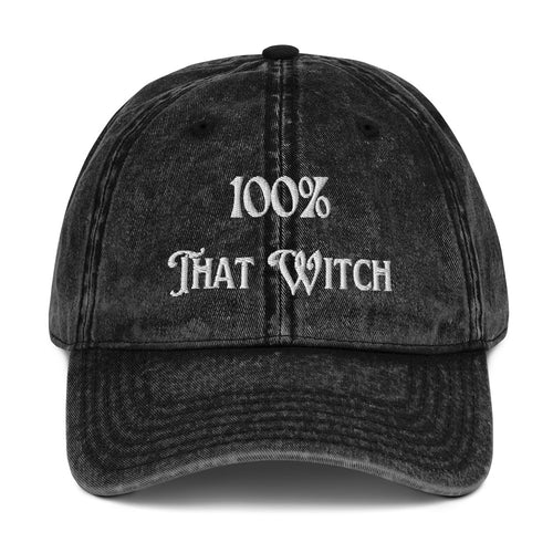 vintage denim cap black, with image phrase: "100% That Witch." Front view.