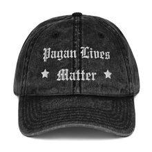 Load image into Gallery viewer, vintage cap black, with image phrase: &quot;Pagan Lives Matter.&quot; Front view.
