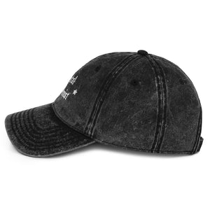 vintage denim cap black, with image phrase: "Mental Alchemist." left side view.