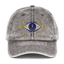 Load image into Gallery viewer, vintage denim cap charcoal grey, with image design of blue eye of protection/evil eye/third eye, with stars. Front view.
