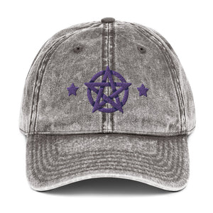 vintage denim charcoal grey , with image design of purple pentacle and stars. Front view.