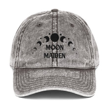 Load image into Gallery viewer, vintage denim cap charcoal grey, with image phrase: &quot;Moon Maiden,&quot; with moon phases. Front view.
