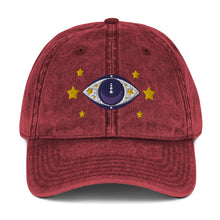 Load image into Gallery viewer, vintage denim cap maroon, with image design of blue eye of protection/evil eye/third eye, with stars. Front view.
