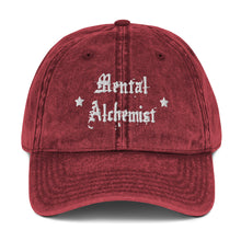 Load image into Gallery viewer, vintage denim cap maroon, with image phrase: &quot;Mental Alchemist.&quot; Front view.
