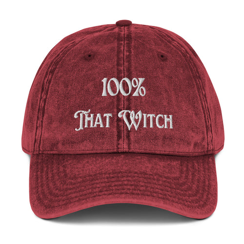 vintage denim cap maroon, with image phrase: "100% That Witch." Front view.