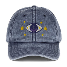 Load image into Gallery viewer, vintage denim cap navy blue, with image design of blue eye of protection/evil eye/third eye, with stars. Front view.
