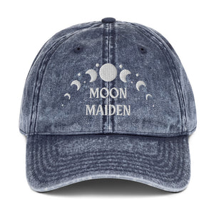 vintage denim cap navy blue, with image phrase: "Moon Maiden." with moon phases. Front view.