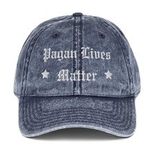 Load image into Gallery viewer, vintage cap navy blue, with image phrase: &quot;Pagan Lives Matter.&quot; Front view.
