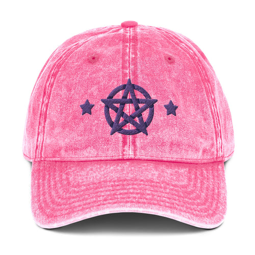 vintage denim cap pink, with image design of purple pentacle and stars. Front view.