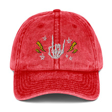 Load image into Gallery viewer, vintage denim cap red, with image design of rock on skeleton hand, pentagram stars, lightning symbols. 
