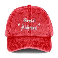 Load image into Gallery viewer, vintage denim cap red, with image phrase: &quot;Mental Alchemist.&quot; Front view.
