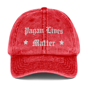 vintage cap red, with image phrase: "Pagan Lives Matter." Front view.