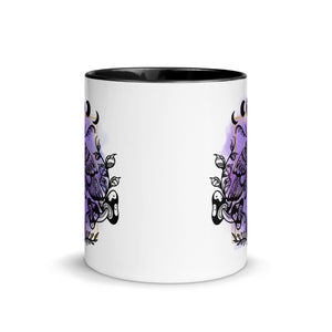 11 oz. white ceramic coffee/tea mug with solid black handle, rim, and inside. Design: Moth with a skull, moon phases, pentacle, mushrooms, and a crystal vial. outside middle view.