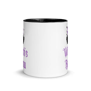 11 oz. white ceramic coffee/tea mug with solid black handle, rim, and inside. Image Design: above image phrase, black cauldron with purple smoke, crescent moon on cauldron. Image phrase: Witch's brew. Center front view. Halloween, spooky season.