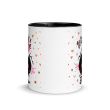 Load image into Gallery viewer, 11 oz. white ceramic coffee/tea mug with solid black handle, rim, and inside. Image Design: cute whimsical cauldron with moon phase on cauldron, in the background are hearts, stars. Image phrase: Witch&#39;s brew. Center front view. Halloween, spooky season.
