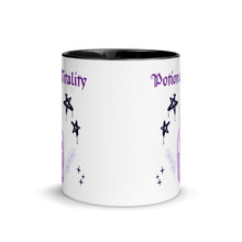 Load image into Gallery viewer, 11 oz. white ceramic coffee/tea mug with solid black handle, rim, and inside. Image Design:  purple minimalist potion bottle with a label, moon and star on label, surrounded by graffiti pentacle stars. Image phrase: Potion of Vitality. Center front view. Halloween, spooky season.
