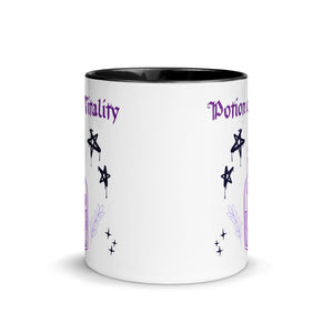 11 oz. white ceramic coffee/tea mug with solid black handle, rim, and inside. Image Design:  purple minimalist potion bottle with a label, moon and star on label, surrounded by graffiti pentacle stars. Image phrase: Potion of Vitality. Center front view. Halloween, spooky season.