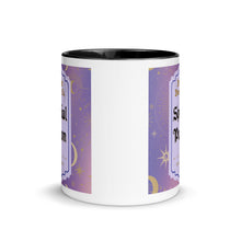 Load image into Gallery viewer, 11 oz. white ceramic coffee/tea mug with solid black handle, rim, and inside. Image Design: potion label that says &#39;Special Potion&#39; with brand name above &#39;Dreaded Banshee Co., established 1690.&#39; Purple-bluish background color with motif of suns, crescent moons, stars, constellations. Image phrase: Special Potion. Center front view. Halloween, spooky season.
