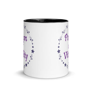 11 oz. white ceramic coffee/tea mug with solid black handle, rim, and inside. Image Design: Purple words 'Potion of Vitality' bordered by stars, leaves, and crescent moon at the bottom. Image phrase: Potion of Vitality. Center front view. Halloween, spooky season.