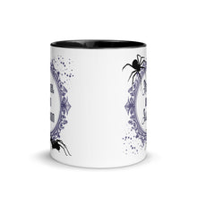 Load image into Gallery viewer, 11 oz. white ceramic coffee/tea mug with solid black handle, rim, and inside. Image Design: Words &#39;Normal is an Illusion&#39; in a elegant border, with spider silhouettes, and stars. Image phrase: Normal is an Illusion. Center front view. Halloween, spooky season.
