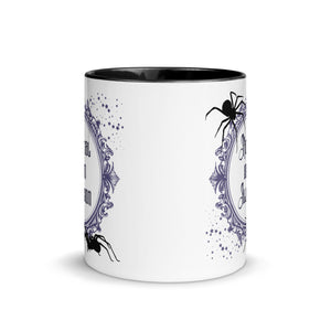 11 oz. white ceramic coffee/tea mug with solid black handle, rim, and inside. Image Design: Words 'Normal is an Illusion' in a elegant border, with spider silhouettes, and stars. Image phrase: Normal is an Illusion. Center front view. Halloween, spooky season.