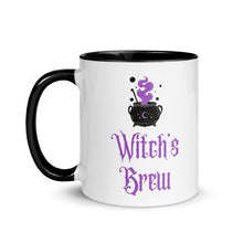 Load image into Gallery viewer, 11 oz. white ceramic coffee/tea mug with solid black handle, rim, and inside. Image Design: above image phrase, black cauldron with purple smoke, crescent moon on cauldron. Image phrase: Witch&#39;s brew. Left hand side view. Halloween, spooky season.
