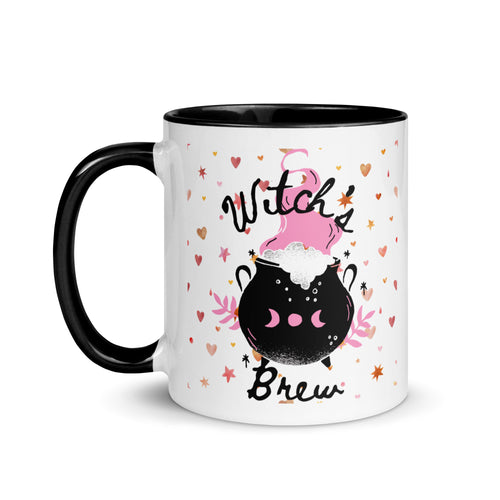 11 oz. white ceramic coffee/tea mug with solid black handle, rim, and inside. Image Design: cute whimsical cauldron with moon phase on cauldron, in the background are hearts, stars. Image phrase: Witch's brew. Left hand side view. Halloween, spooky season.